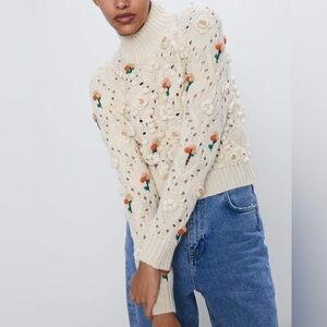 Zara Cream Floral Embellished Sweater